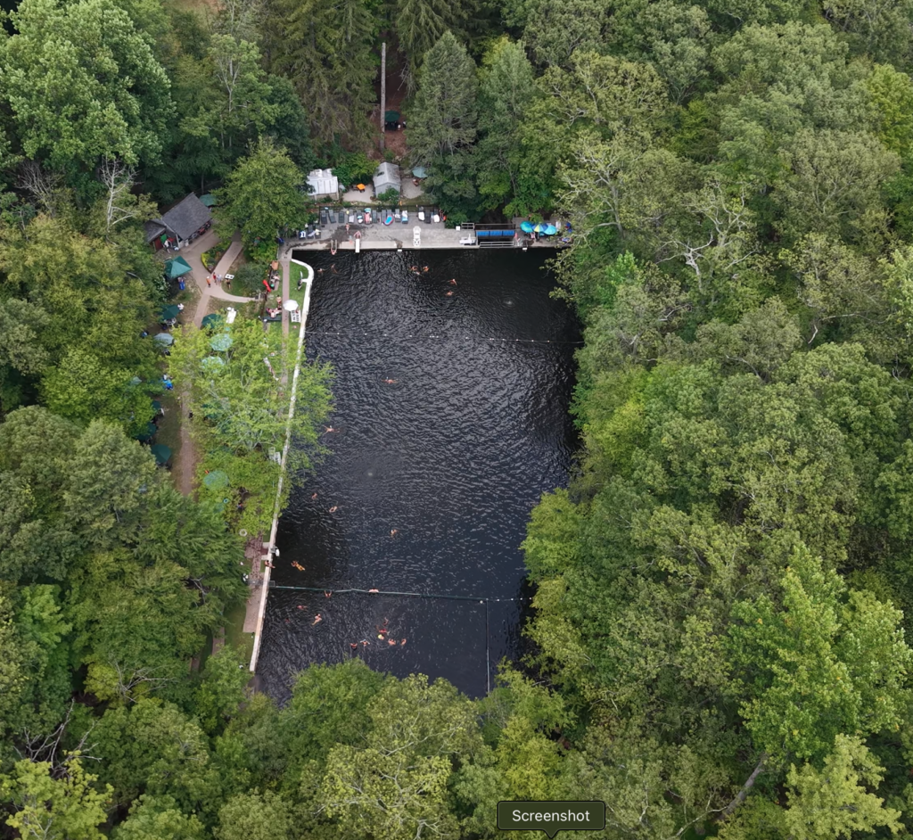 Overhead view of a natural swimming pool with swimmers and surrounding facilities