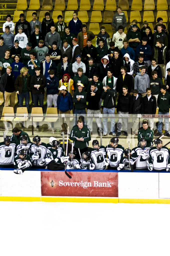 An interior view of the Delbarton Hockey team at a game at the Mennen Sports Arena.