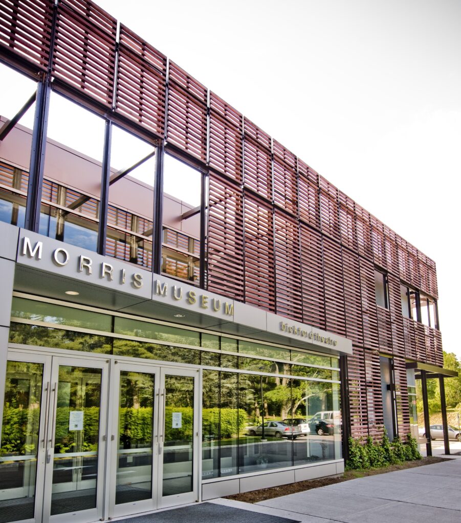 Exterior of the Morris Museum building. A glass and reddish brown steel structure.