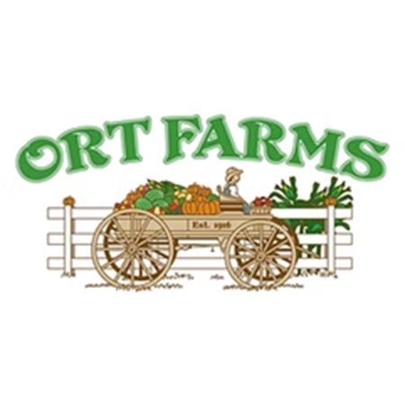 open wagon with fruit and vegetables inside with Ort Fams written above